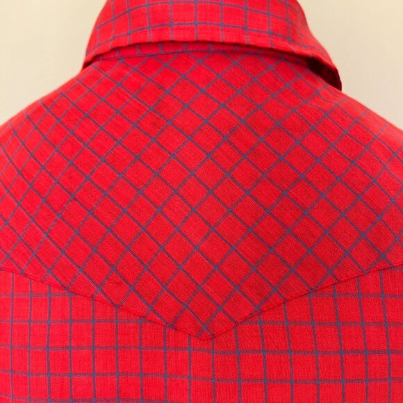 80's Western Wear Shirt - Snap Pearl Buttons Montgomery Wards - Red & Blue Check - Picture 7 of 9